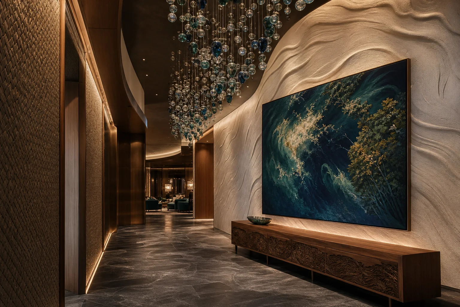 Gallery-like interior promenade with suspended glass artwork and large abstract coastal artwork