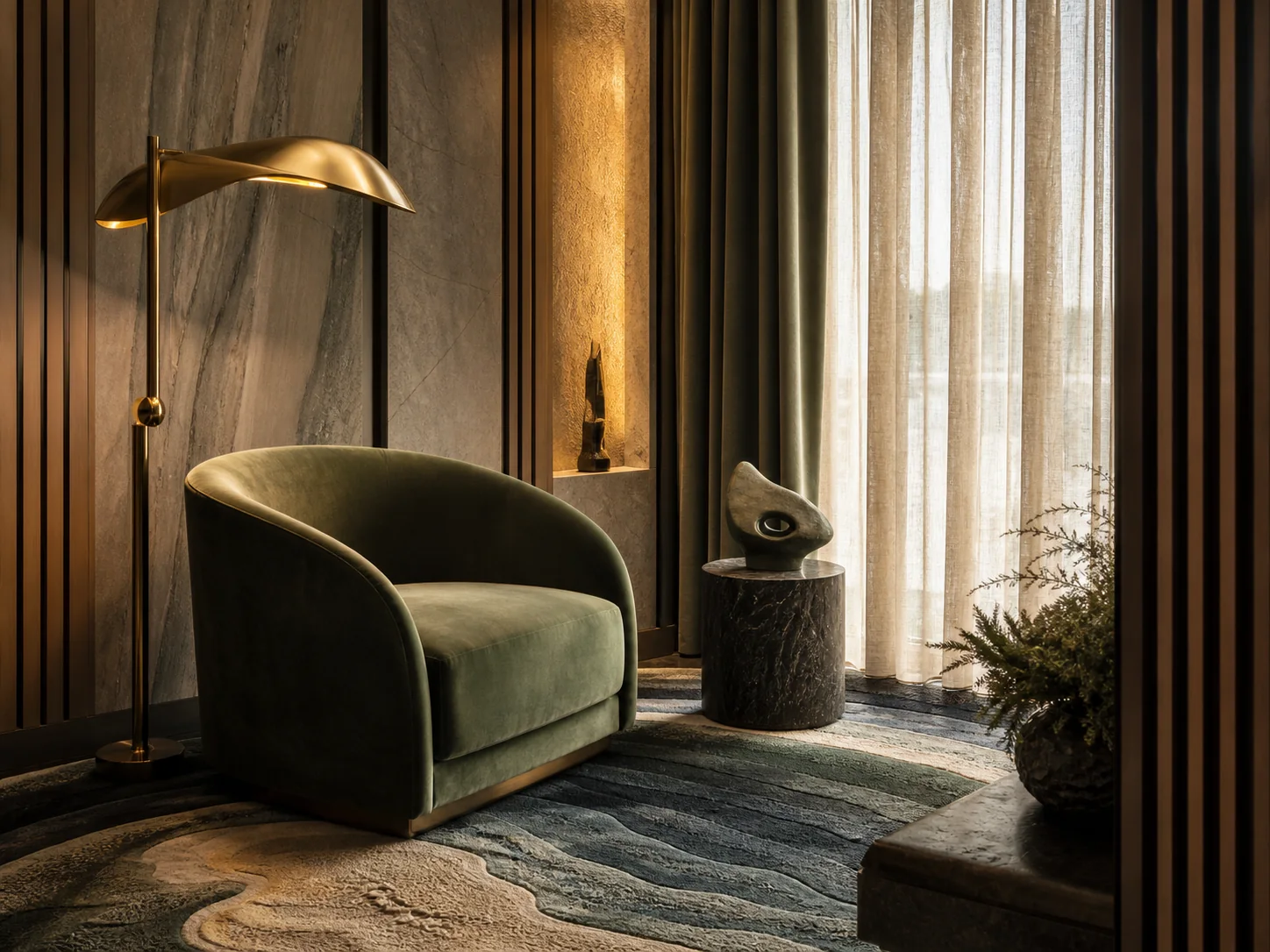 Mineral-green velvet lounge chair, brass lamp, bespoke wool carpet and layered curtains